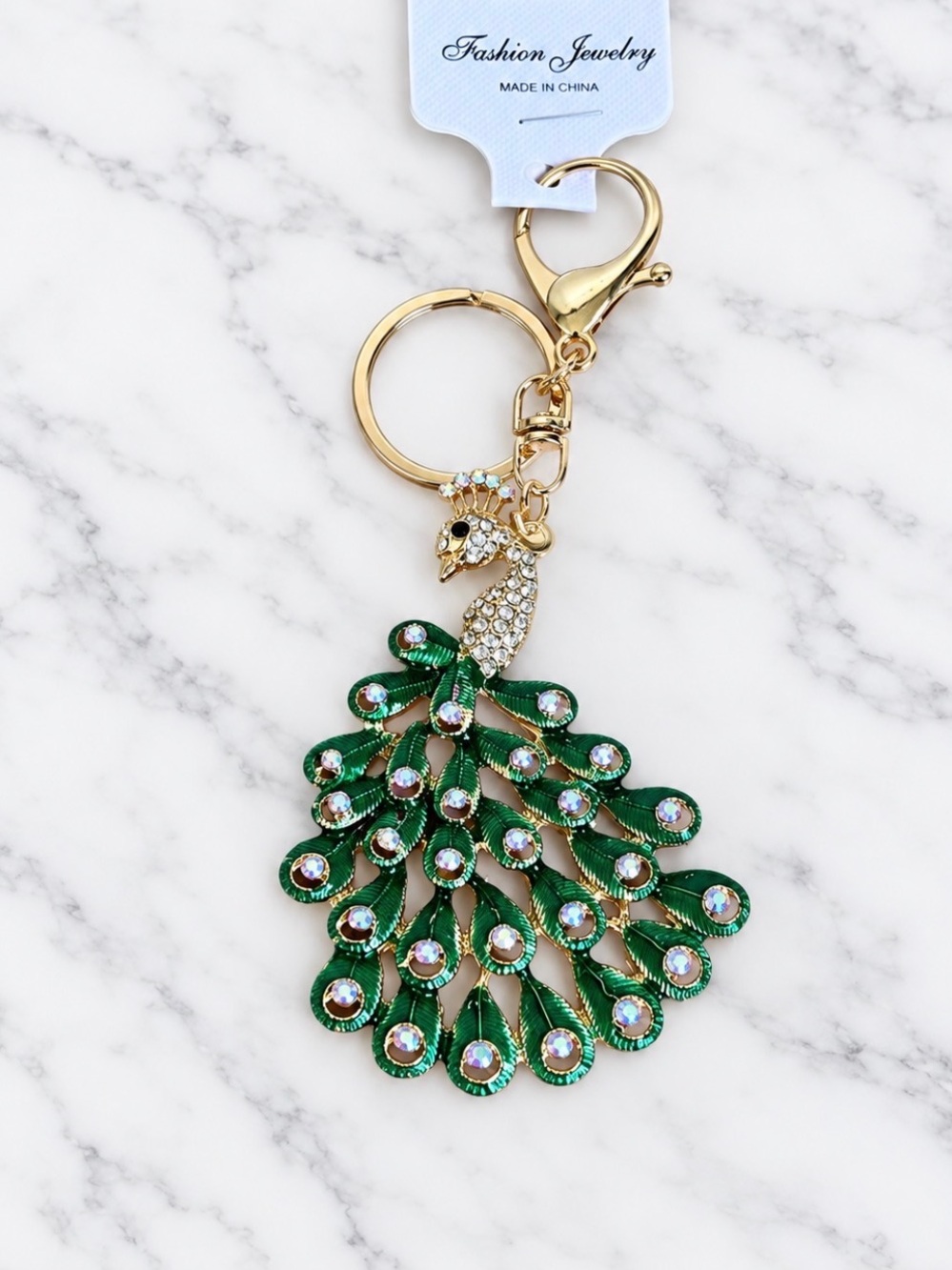 Stunning Green Peacock Bag Charm/Keyring on Gold Hardware